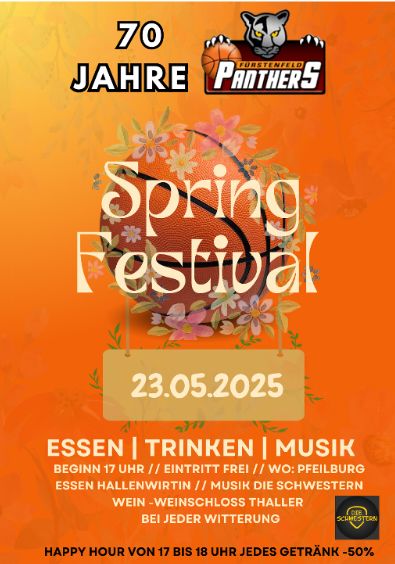 Plakat zum 70-jährigen Jubiläum der Panthers mit Frühlingsfestival. Datum: 23.05.2025. Aktivitäten umfassen Essen, Trinken und Musik. Happy Hour von 17 bis 18 Uhr. Ort: Pfelburg.