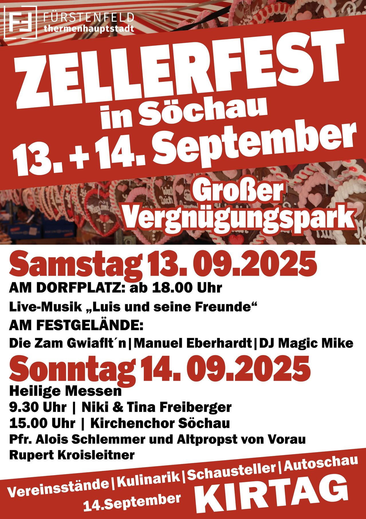 Ein Plakat für das Zeller Fest in Sochau am 13. und 14. September 2025. Am Samstag spielt Luis und seine Freunde ab 18 Uhr. Am Sonntag finden Heilige Messen um 9:30 Uhr und 15 Uhr statt.