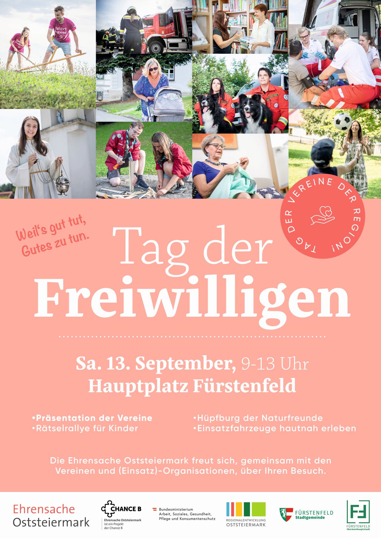 Plakat für den Tag der Freiwilligen am 13. September, 9-13 Uhr, auf dem Hauptplatz von Furstenfeld. Aktivitäten umfassen einen Naturfreunde-Hügel, Fahrzeuge erleben und Präsentationen des Vereins.