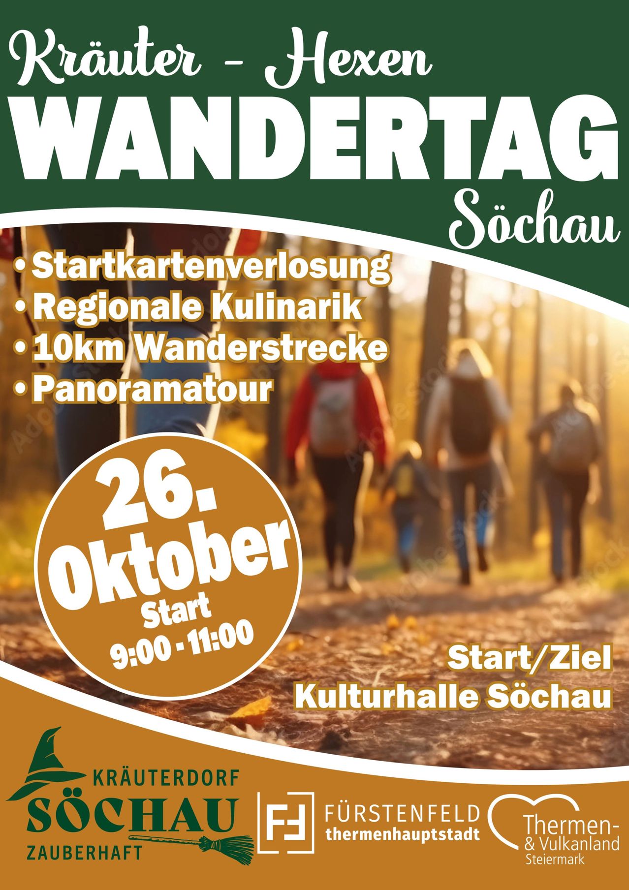 Plakat für eine Wanderveranstaltung in Soechau, geplant für den 26. Oktober. Zeigt eine Gruppe von Wanderern, einen Start-/Zielort und Aktivitäten wie eine Schatzsuche, regionale Küche und eine 10km-Strecke.