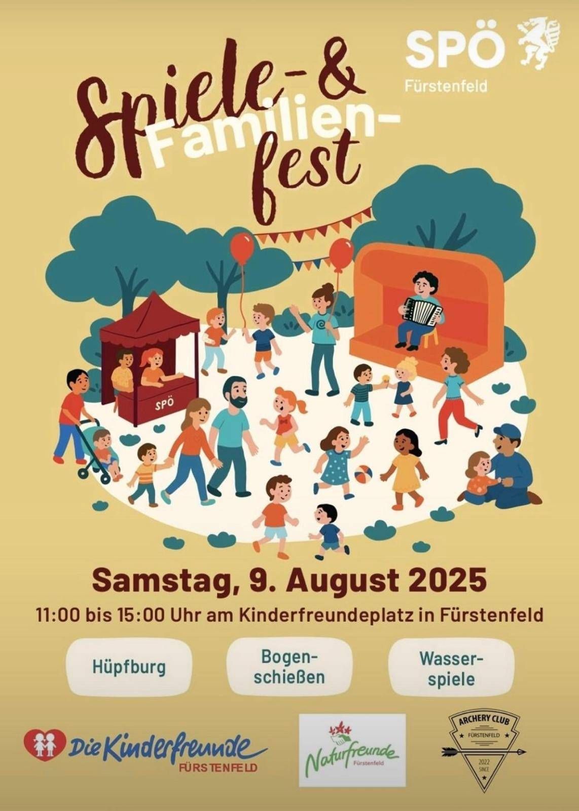 Plakat für das 8. Familienfest mit Kindern und Erwachsenen, einem Essensstand und einer Bühne mit einem Akkordeonspieler. Die Veranstaltung findet am 9. August 2025 von 11:00 bis 15:00 Uhr am Kinderfreundeplatz in Furstenfeld statt.