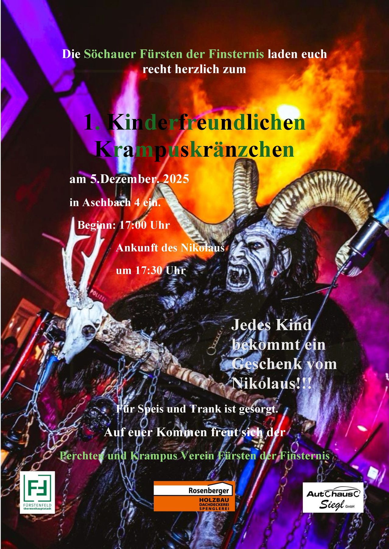 Ein Plakat bewirbt ein Krampus-Event für Kinder am 5. Dezember 2025 um 16 Uhr in Aschbach. Es zeigt eine gehörnte, furchterregende Figur mit Waffe und Schädel, mit Textüberlagerung auf dem Bild.