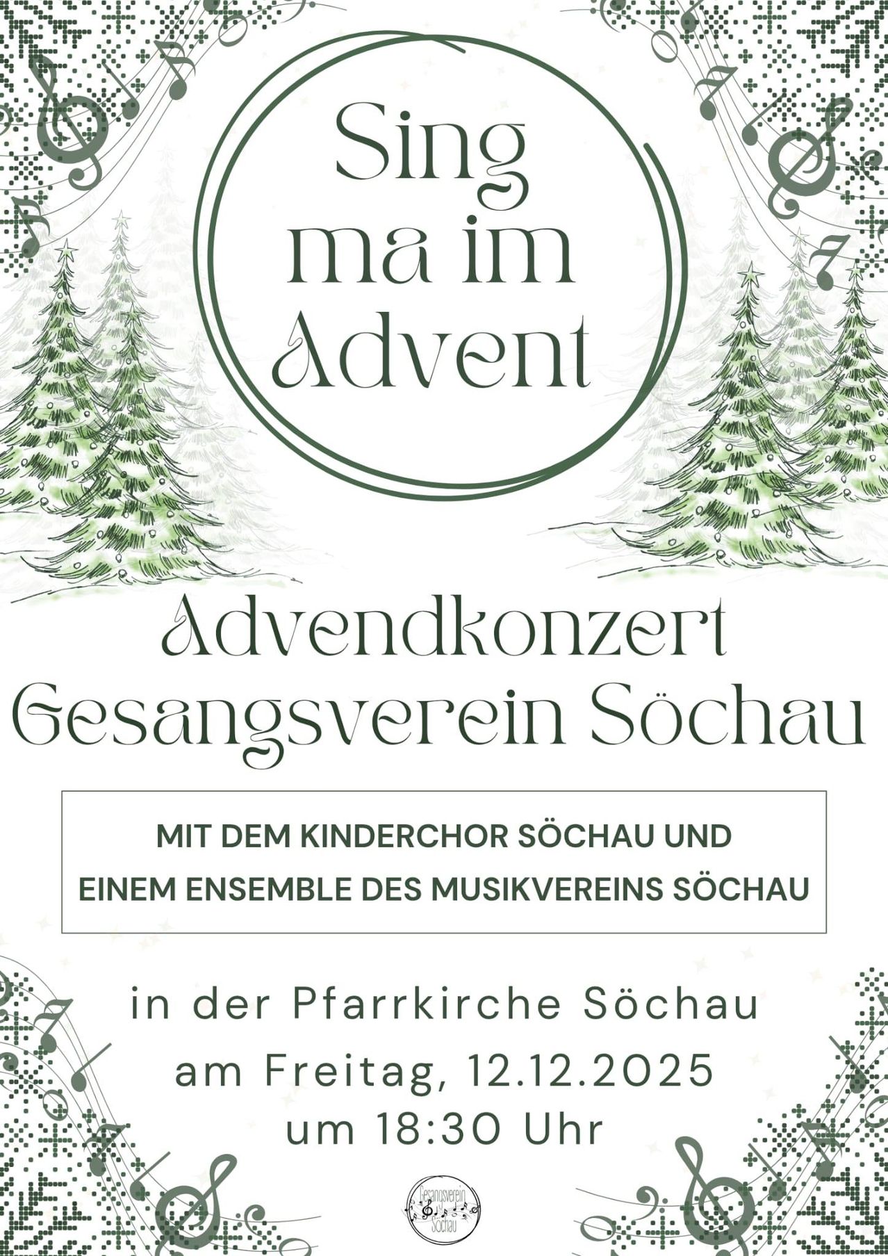 Plakat für ein Adventskonzert des Gesangvereins Sochau. Es zeigt Tannen, Noten und das Datum Freitag, 12. Dezember 2025. Die Veranstaltung umfasst den Kinderchor Sochau und ein Ensemble des Musikvereins Sochau.