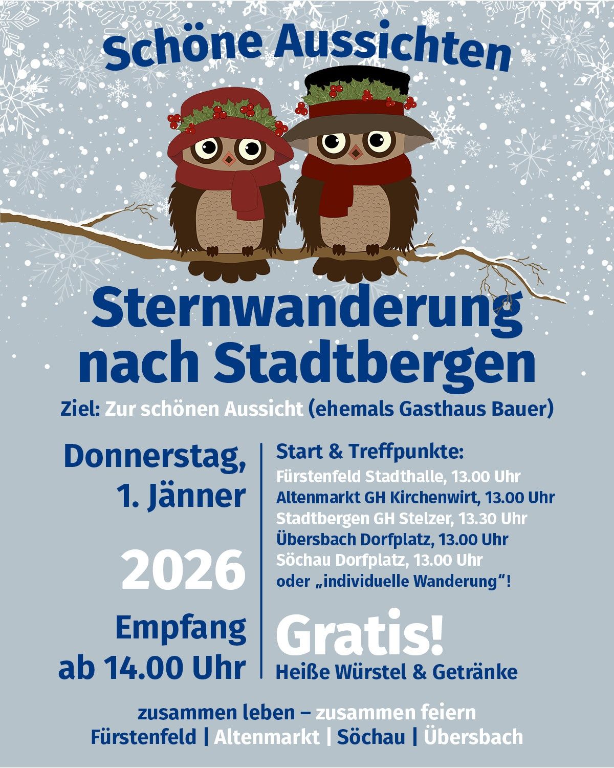 Plakat für die Sternenwanderung nach Stadtbergen, mit zwei Eulen in Mützen und Schals, vor einem verschneiten Hintergrund. Datum: Donnerstag, 1. Januar 2026. Beginn um 13 Uhr. Freier Eintritt.