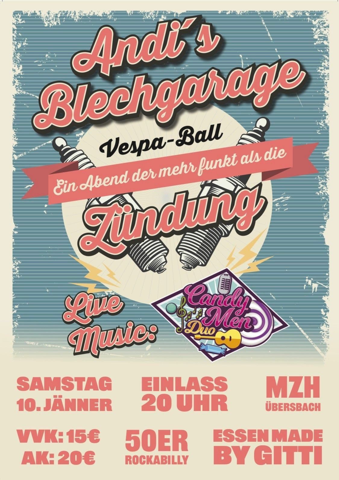 Plakat für das Blechgarage Vespa Ball Event. Es zeigt zwei Zündkerzen und Text auf Deutsch. Der Plakattext lautet 'Ein Abend der mehr funkt als die Zündung.' Es gibt auch ein Logo für ein Musikduo.