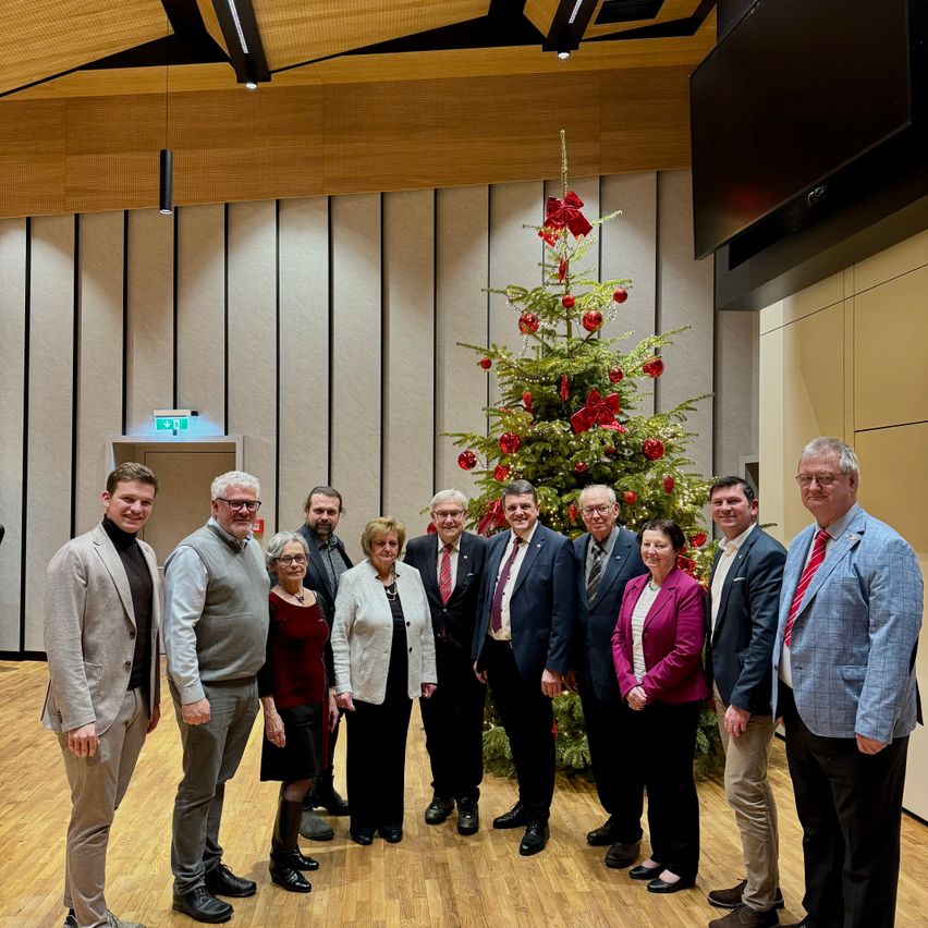 Eine Gruppe formell gekleideter Personen, sowohl Männer als auch Frauen, stehen in einem Raum zusammen vor einem geschmückten Weihnachtsbaum im Hintergrund.