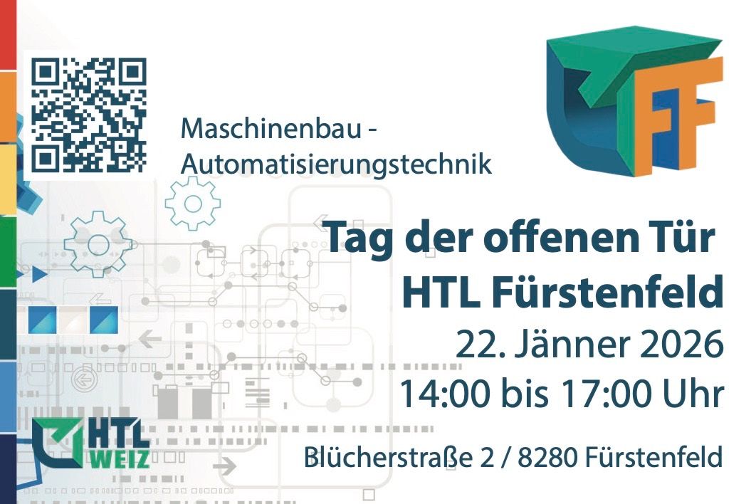 Poster advertising the Open Day at HTL Fursten. Date is 22nd January, time from 2pm to 5pm. Address given as Blucherstrasse 2/8280 Furst.