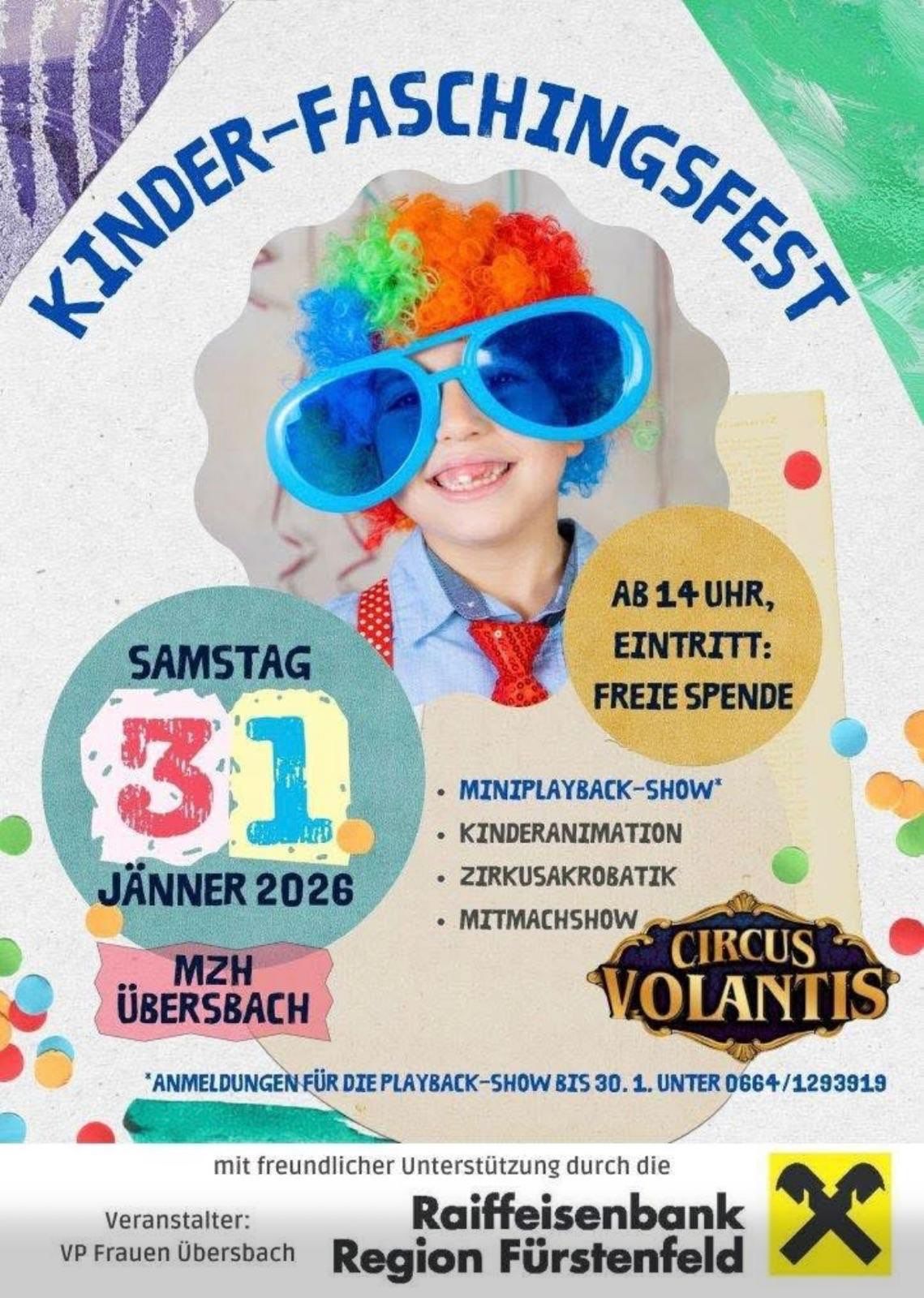 Poster for the Circus Volantis event. A young boy with clown wig and sunglasses. Date: January 31, 2026. Time: 2 PM. Free admission. Mini playback show, children's animation, and juggling. Registration until January 30.