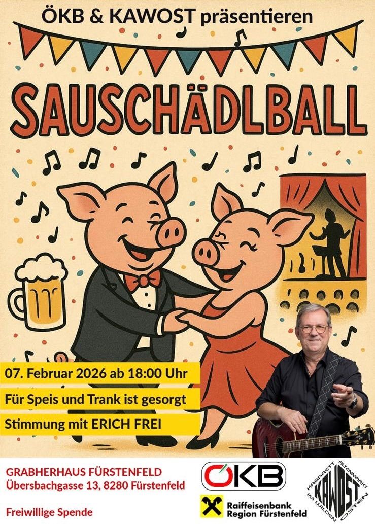 Poster advertising a pig ball event. Two pigs are dancing, and a man is playing guitar. Date and time are 07. February 2026 at 18:00.