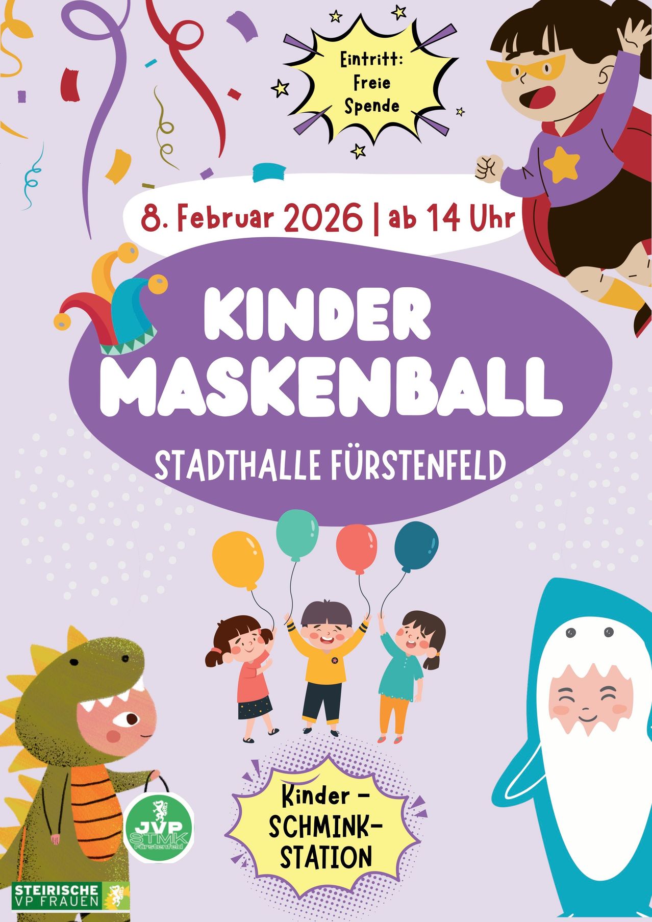 Plakat für einen Kindermaskenball am 8. Februar 2026 um 14 Uhr in der Stadthalle Furstenfeld. Kinder halten Luftballons, ein Dinosaurier und ein Hai im Hintergrund.