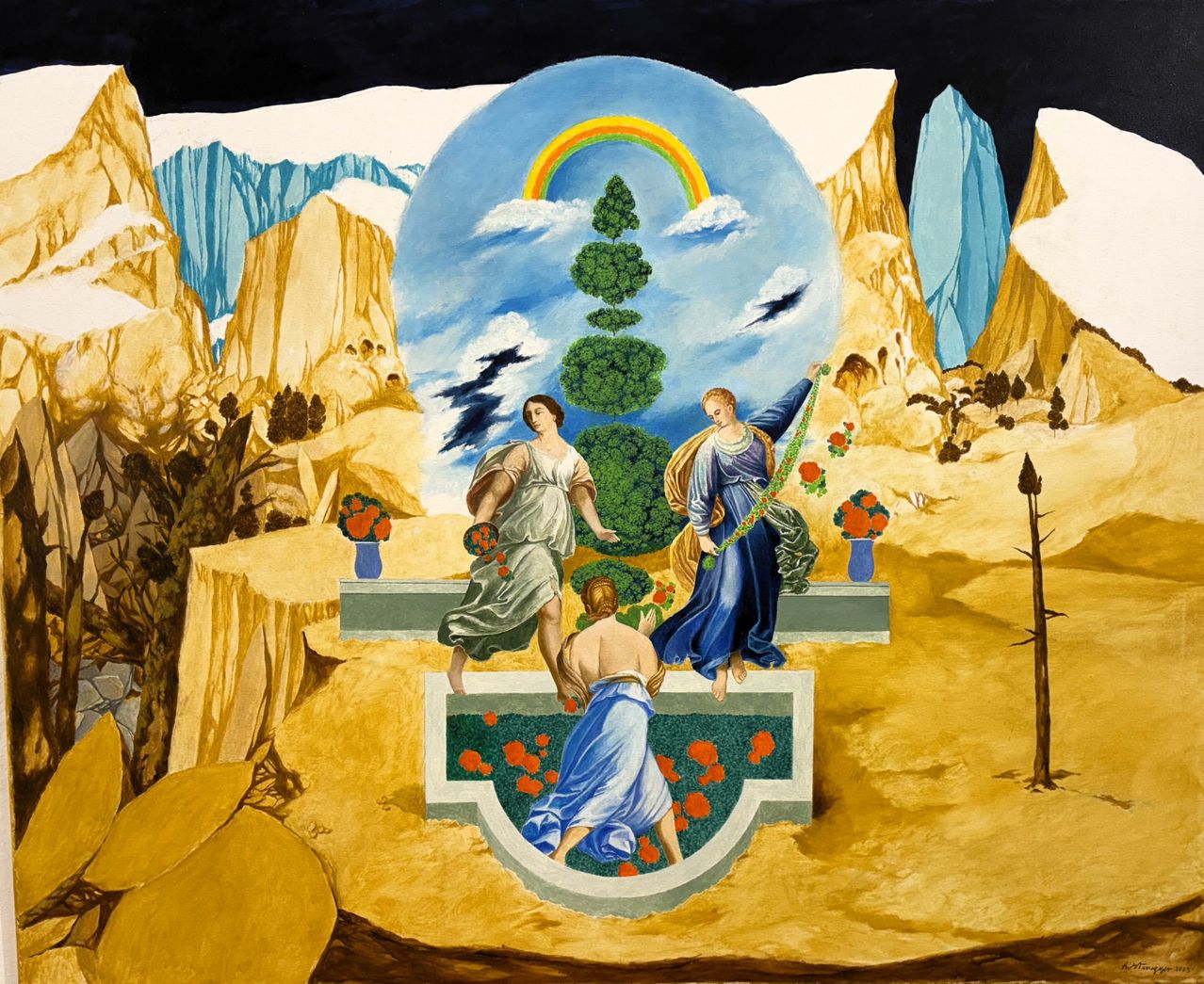 Ein Gemälde mit einer kreisförmigen Landschaft, die einen Regenbogen, zwei Frauen und einen Mann in einem Garten zeigt. Der Mann wäscht seine Hände in einem Brunnen.