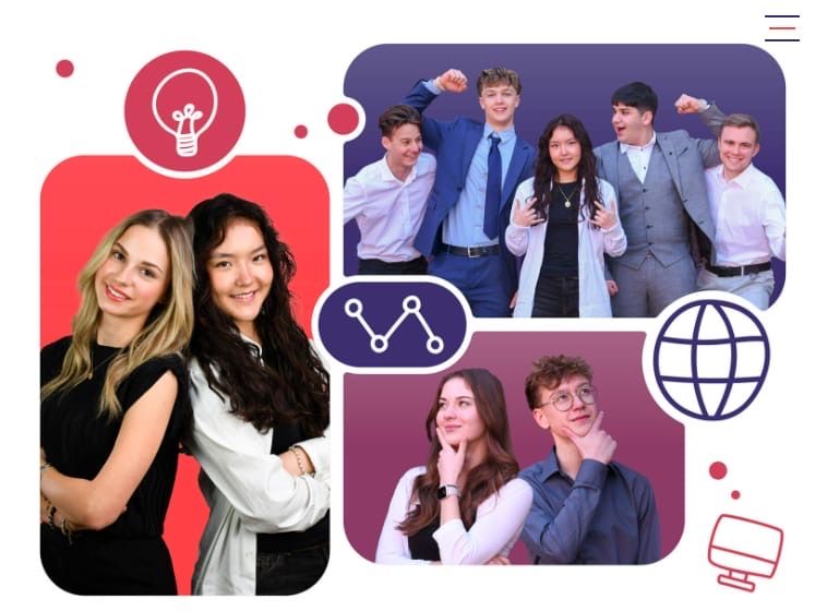 A collage of images featuring young adults, each in a different setting, includes a lightbulb, a globe, and a chart symbol.