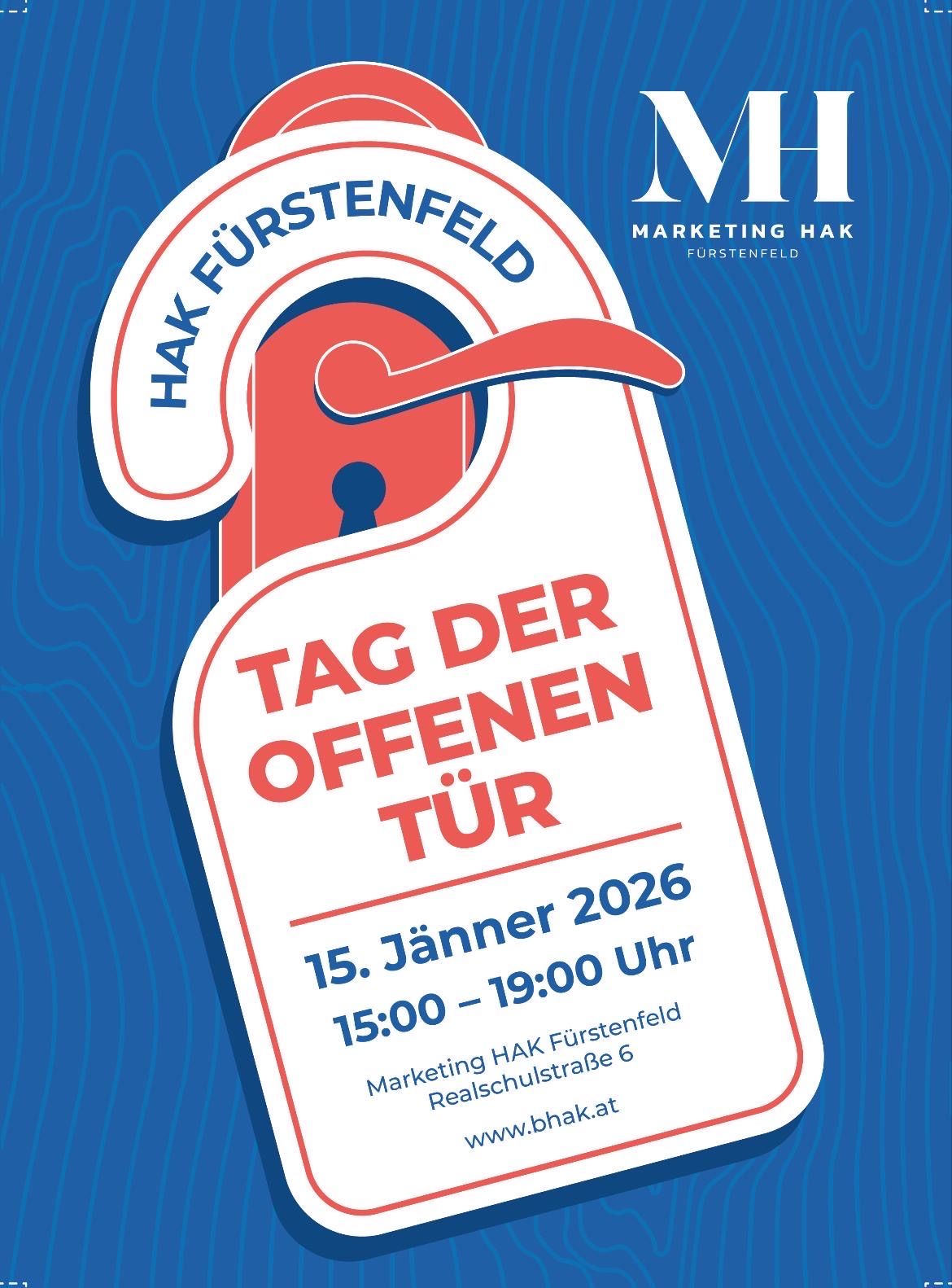 An advertisement for 'Tag der offenen Tür' event at HAK Fürstenfeld on January 15, 2026. It features a red door key design, blue and white background, and the event timings of 15:00 to 19:00.