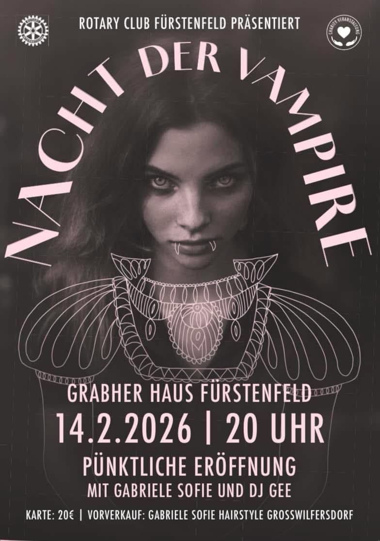 An advertisement poster features a woman with a dark, gothic theme, wearing a choker, and has the words 'Nacht Empire' and the event date of February 14, 2026, at 8 PM.