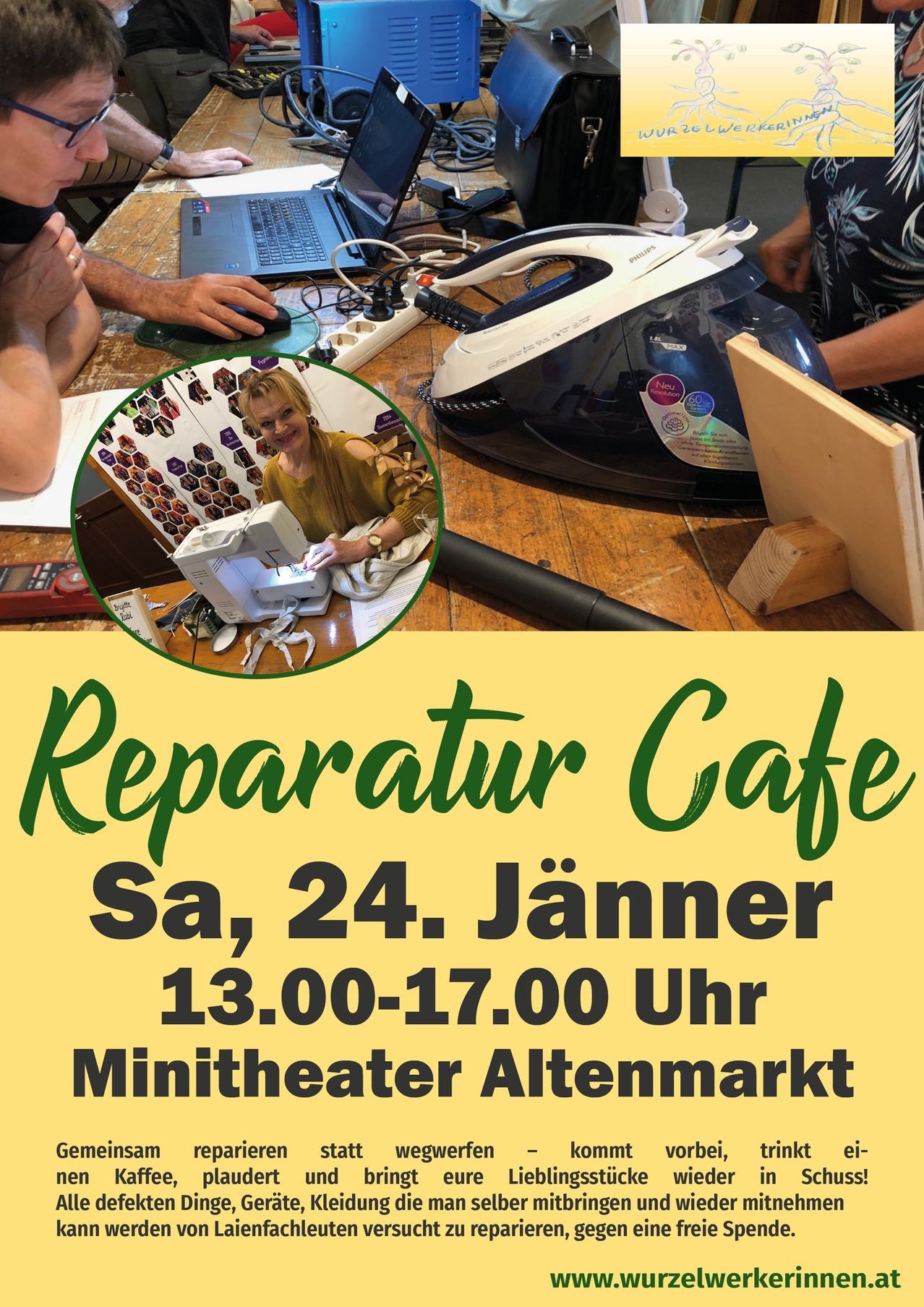 An event poster for the Repair Cafe. It shows people working on various projects, a woman using a sewing machine, and a minitheater in the background.