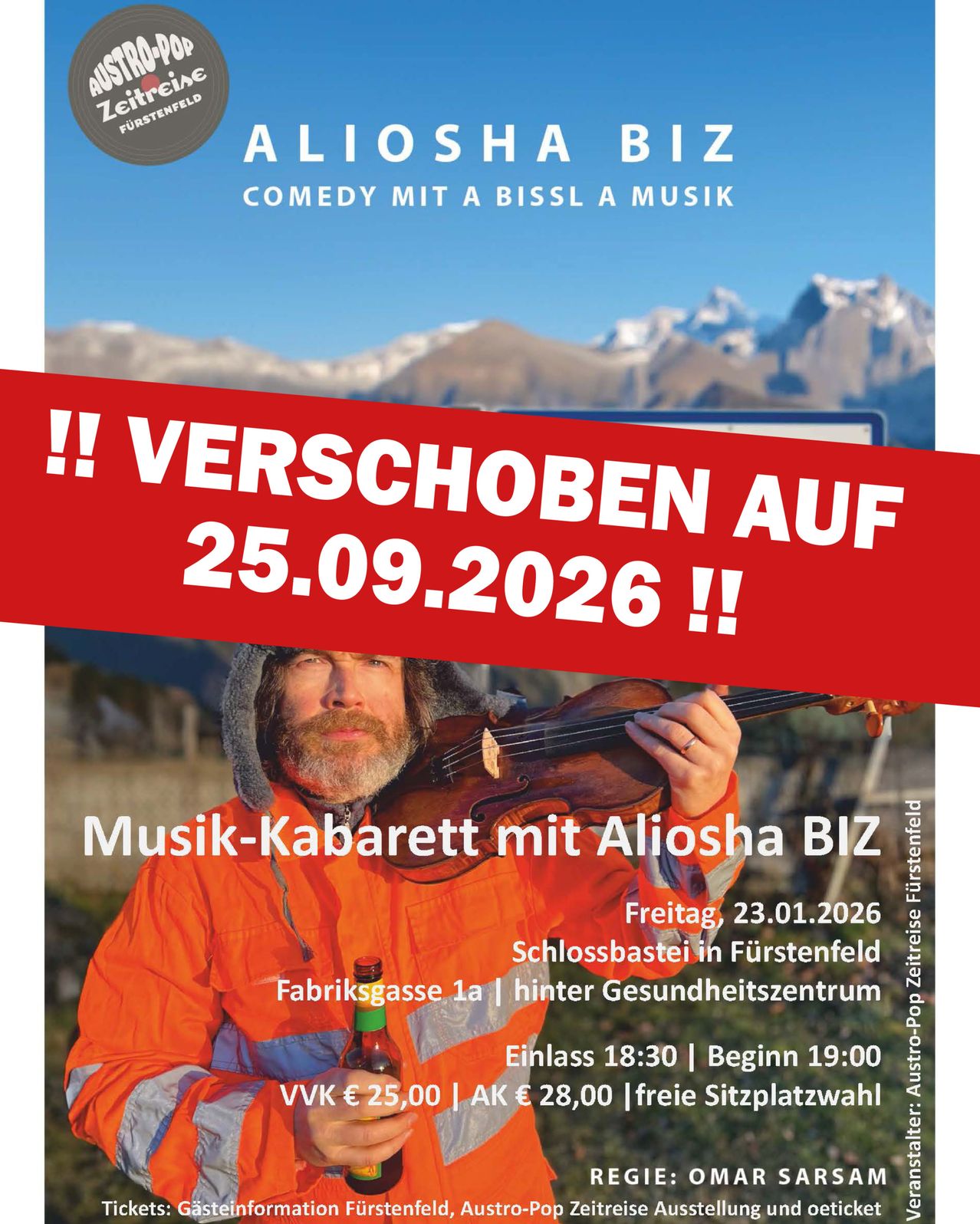Poster for Aliosha Biz's music-cabaret, scheduled for September 25, 2026. The man in an orange jacket holds a violin. The text is red on a white background.