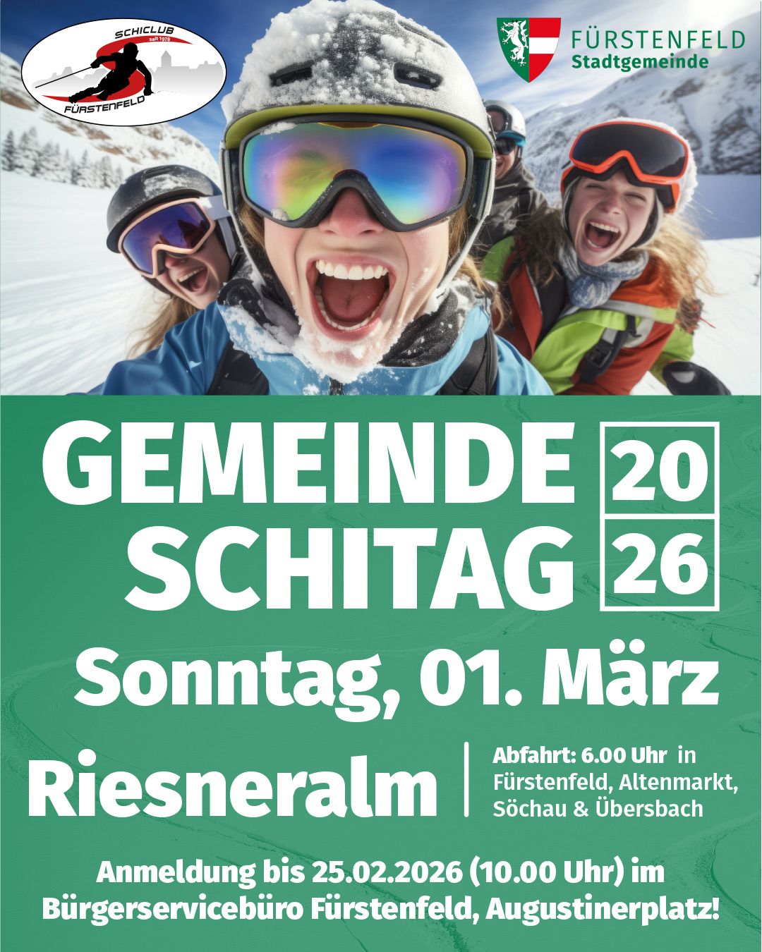 Werbeplakat für einen Gemeinde-Skitag am 1. März. Es zeigt vier Skifahrer, von denen drei lachen, und erwähnt die Abfahrtszeit und -orte.