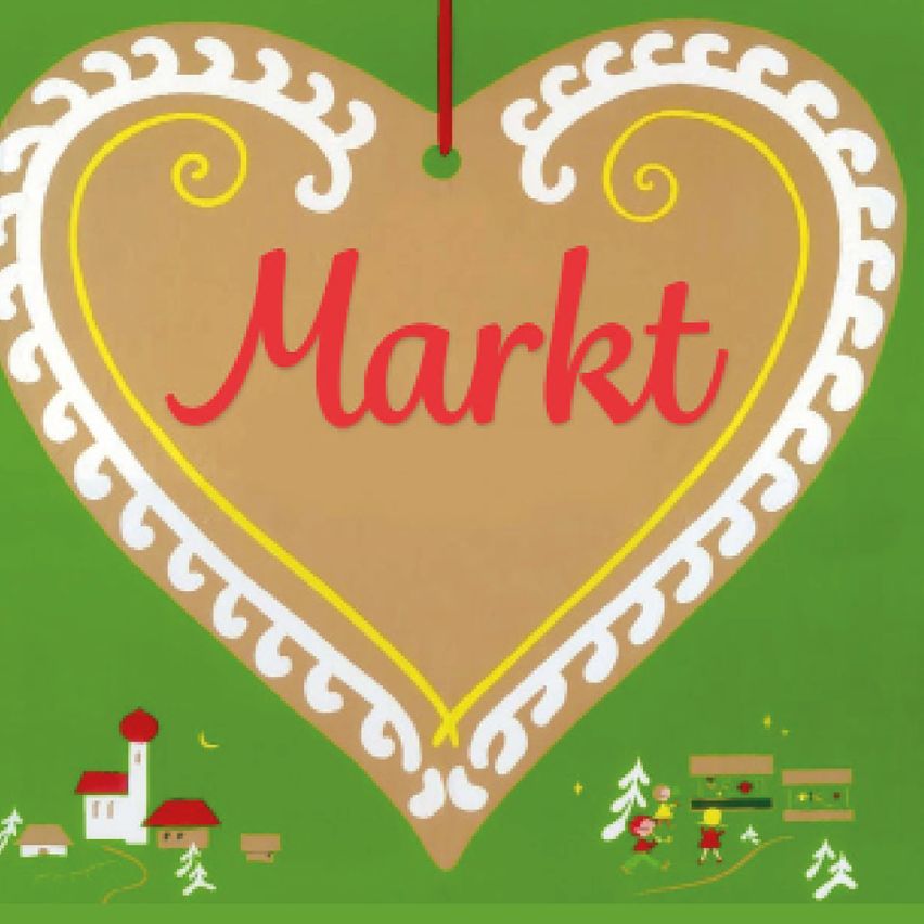 A heart-shaped design with 'Markt' written in red, on a green background. Below, there are small houses, trees, and people.