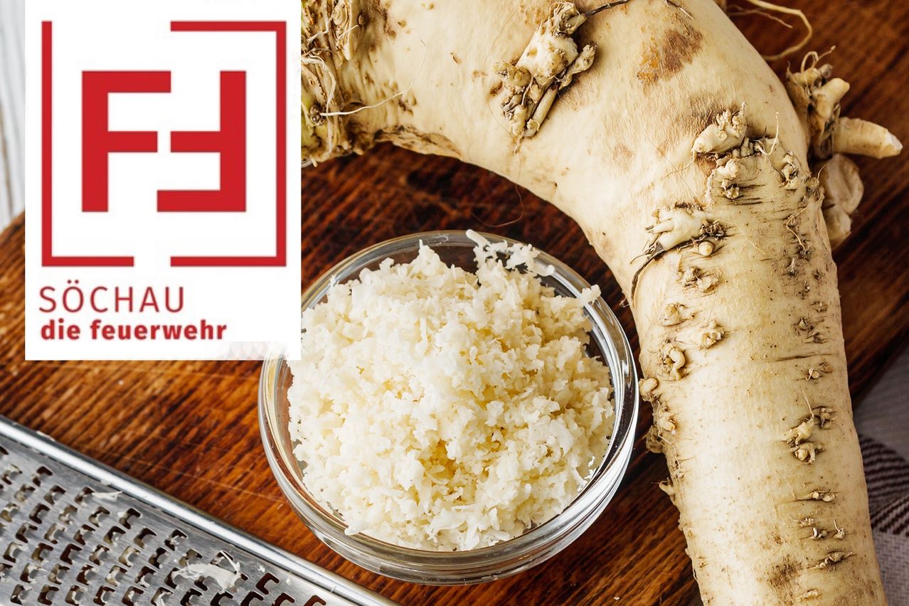 Ein Holztisch mit einer Schüssel geriebenem Maniok und einer Rübe. Die Rübe hat ein weißes und braunes Aussehen. Die Schüssel ist voll mit geriebenem Maniok.