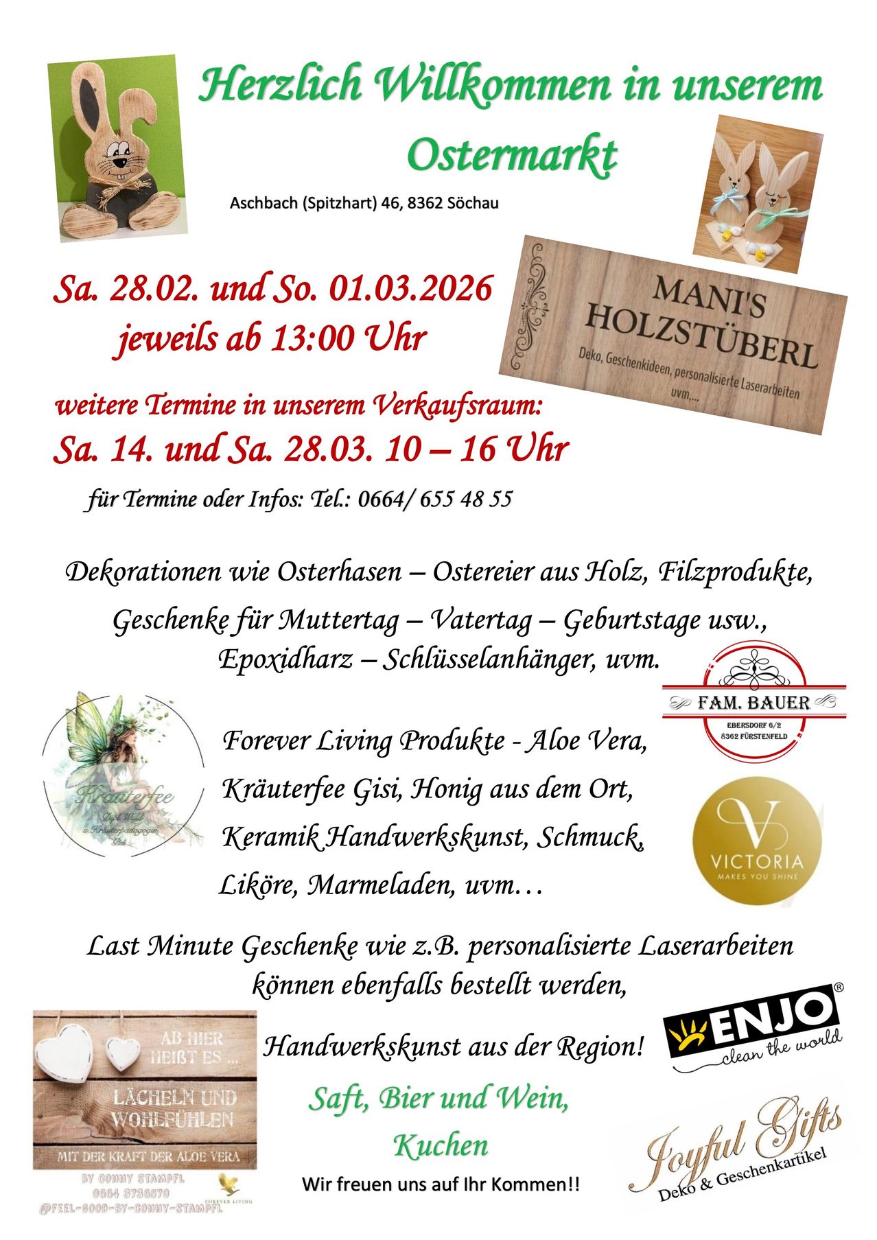 Veranstaltungsflyer für einen Laden in Aschbach mit handgefertigten Dekorationen, Geschenken und mehr. Termine und Zeiten für Besuche aufgeführt. Kontaktnummer angegeben. Beinhaltet Produkte wie Osterdekorationen, Geschenke und personalisierte Artikel.
