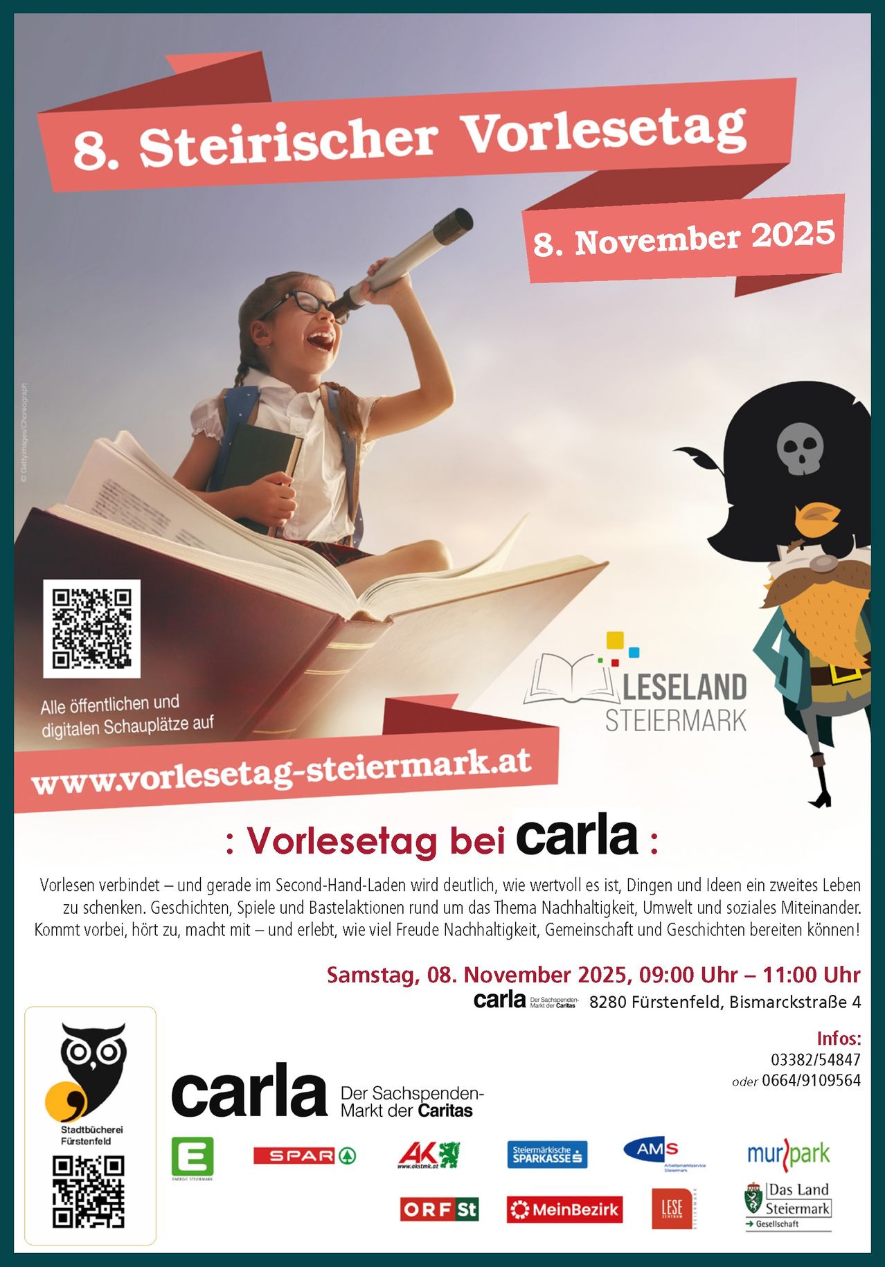 Das Bild ist eine Werbung für eine Lesung in der Steiermark, Österreich, mit einem jungen Mädchen, das ein Buch liest. Es enthält Details wie Datum, Ort und einen QR-Code für weitere Informationen. Die Werbung betont die Freude und Vorteile des Lesens.