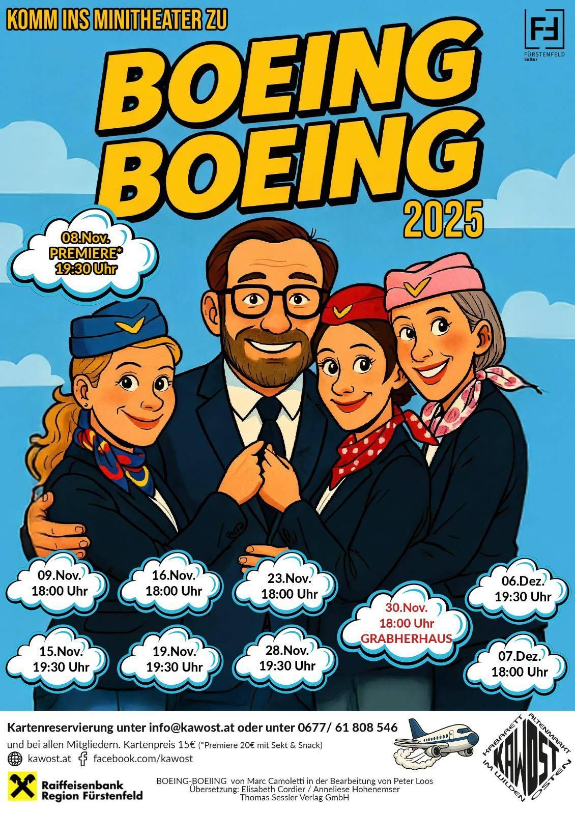 Das Plakat für die Boeing 2025-Veranstaltung zeigt eine Karikatur eines Mannes mit drei Frauen. Das Plakat hat Termine und Uhrzeiten für verschiedene Veranstaltungen im November und Dezember.
