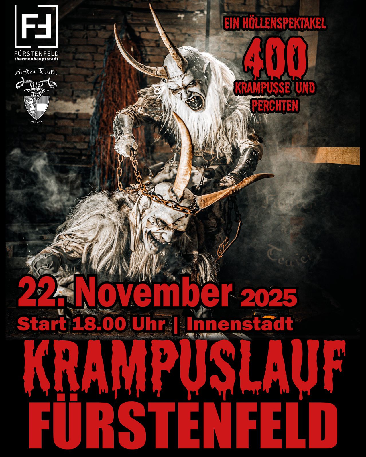 Plakat mit einer Krampus-Figur, die eine gekettete Ziege hält, vor einer Ziegelwand. Der Text lautet 'Krampuslauf Fürstenfeld' und '22. November 2025'. Zeit und Ort sind angegeben.