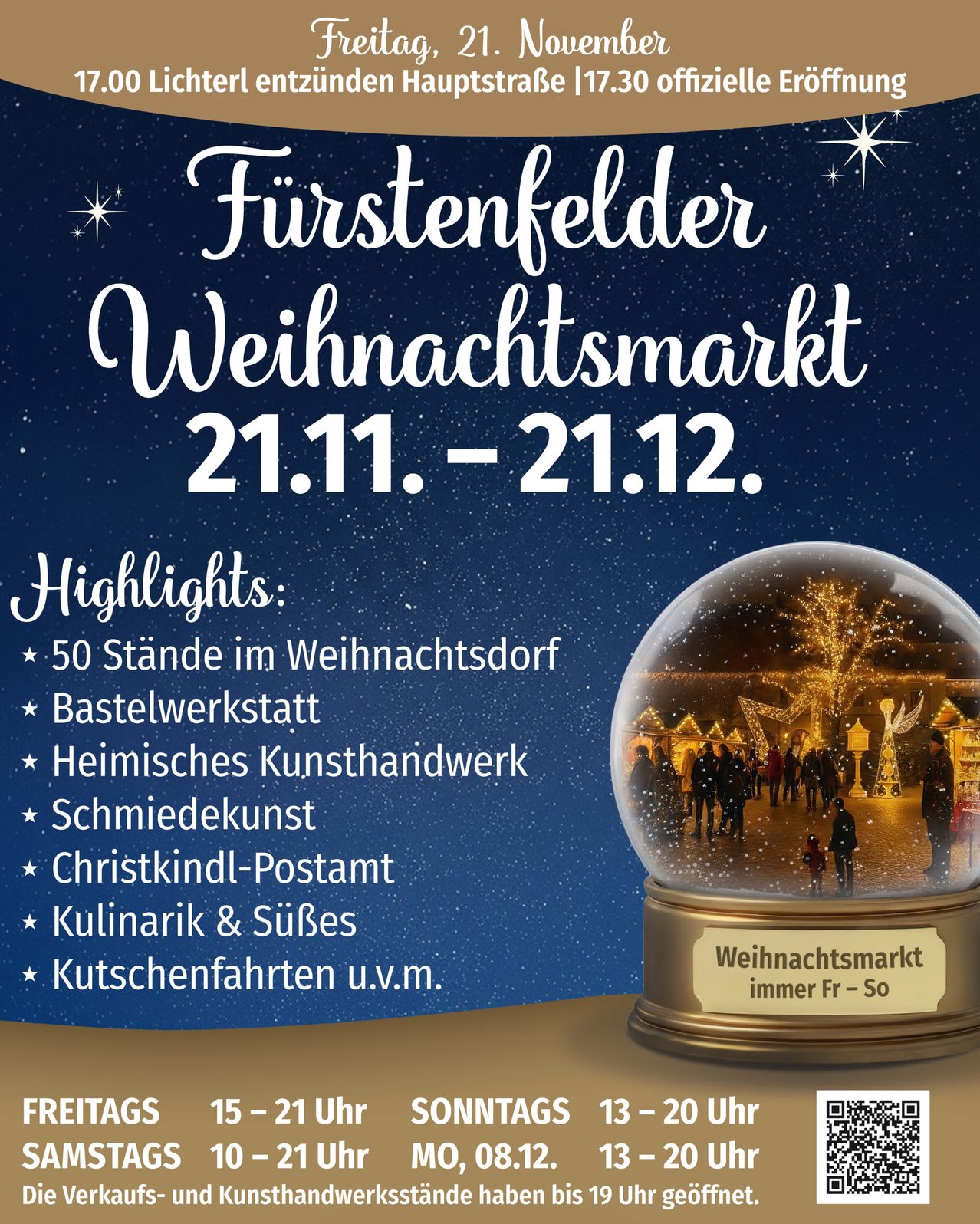 Werbeplakat für den Furstenfelder Weihnachtsmarkt, zeigt Highlights wie Handwerksstände, heimische Kunstwerke und kulinarische Köstlichkeiten. Datum vom 21. November bis 21. Dezember.