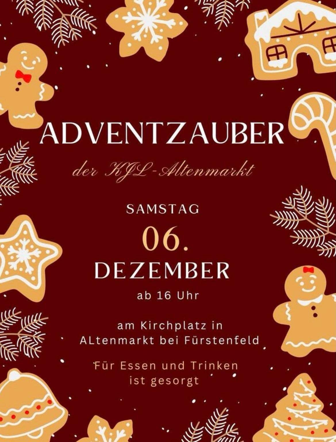 Ein Ereignis mit dem Titel 'ADVENTZAUBER' findet am Samstag, 6. Dezember um 16 Uhr statt. Es findet am Kirchplatz in Altenmarkt bei Fürstenfeld statt. Essen und Trinken sind vorhanden.