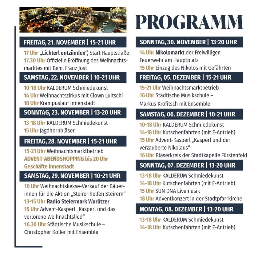 Das Bild zeigt einen Programmplan für verschiedene Veranstaltungen, einschließlich Märkte, Aufführungen und Aktivitäten. Die Daten reichen von 21. November bis 8. Dezember. Zu den Veranstaltungen gehören Lichtershows, ein Nikolausmarkt, Aufführungen der städtischen Musikschule und andere Aktivitäten.