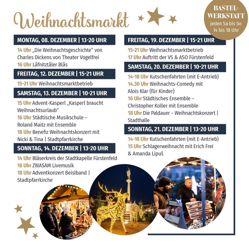 Das Bild zeigt einen festlichen Zeitplan für einen Weihnachtsmarkt, der verschiedene Veranstaltungen vom 8. bis 21. Dezember detailliert beschreibt. Es beinhaltet Lesungen, Aufführungen und Konzerte mit genauen Zeiten und Orten.