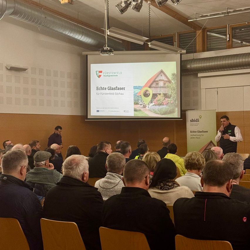 Ein Mann hält in einem Saal eine Präsentation, die auf einer Leinwand projiziert wird. Die Präsentation trägt den Titel 'Echte Glasfasern'. Das Publikum, bestehend aus älteren Menschen, hört aufmerksam zu.