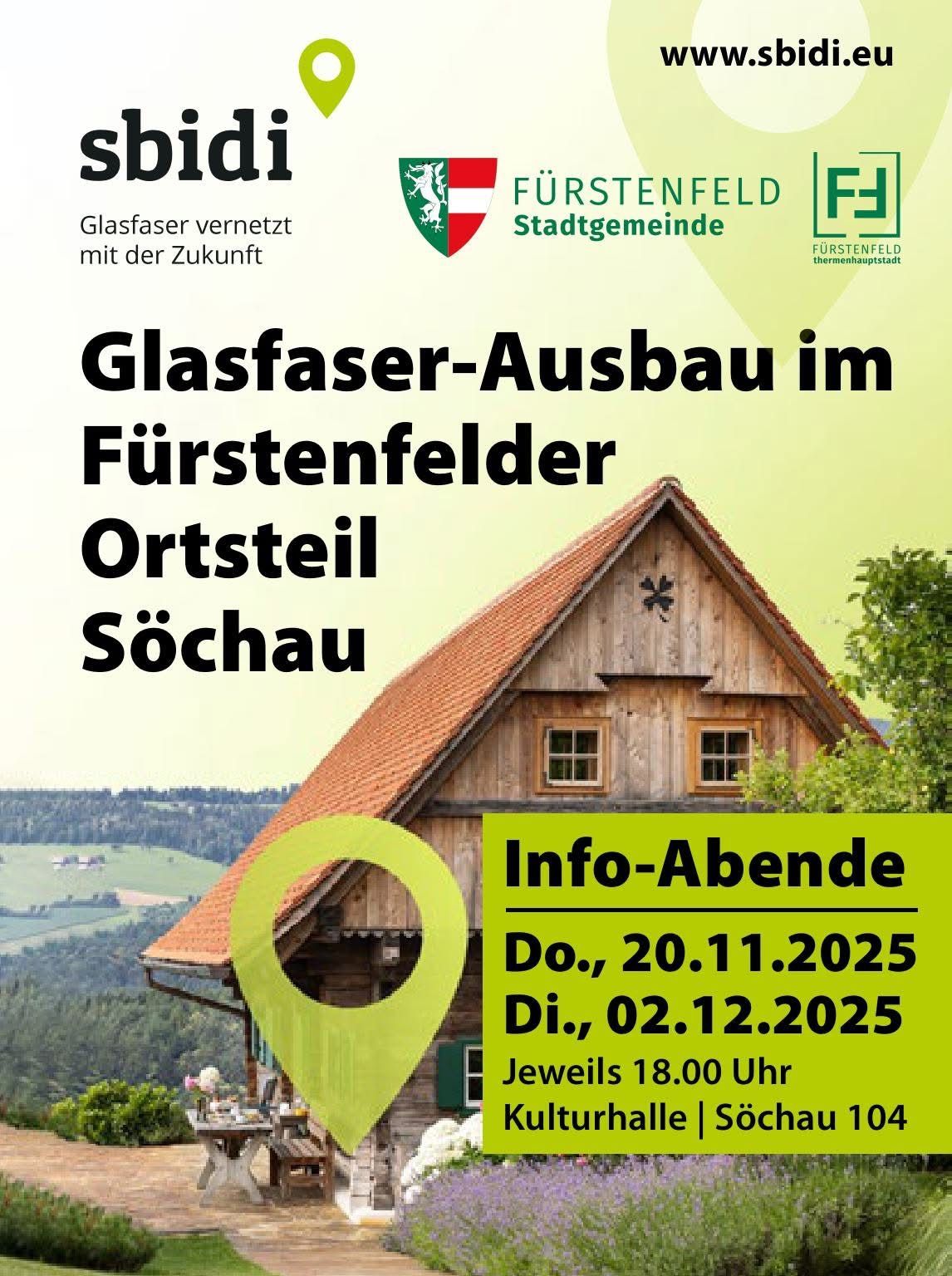Plakat zur Ankündigung des Glasfaserausbaus in Furstenfeld, Osterreich. Veranstaltungen am 20.11.2025 und 02.12.2025 um 18.00 Uhr.