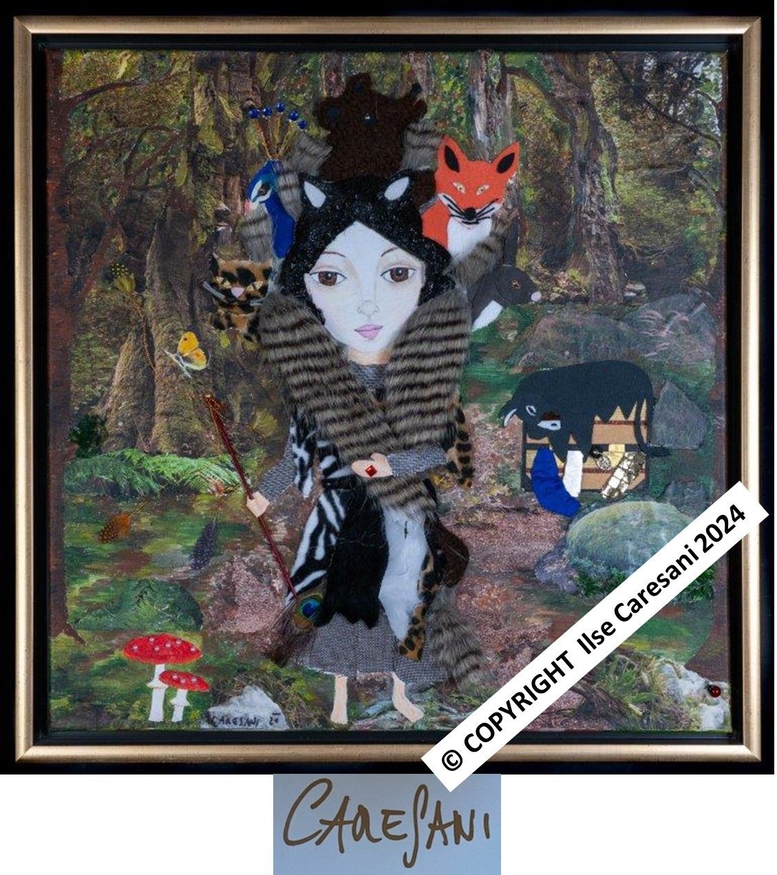 A whimsical painting features a woman dressed in fur, accompanied by a fox, a cat, and a peacock. She holds a wand and stands in a forest with mushrooms and rocks. Copyright Ilse Caresani 2024.
