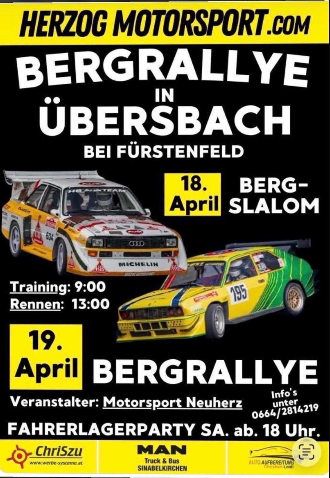 Poster for a Berg Rally event in Übersbach bei Fürstenfeld. Date: 18th April, Berg Slalom Training: 9:00, Races: 13:00, 19th April. Two rally cars featured.