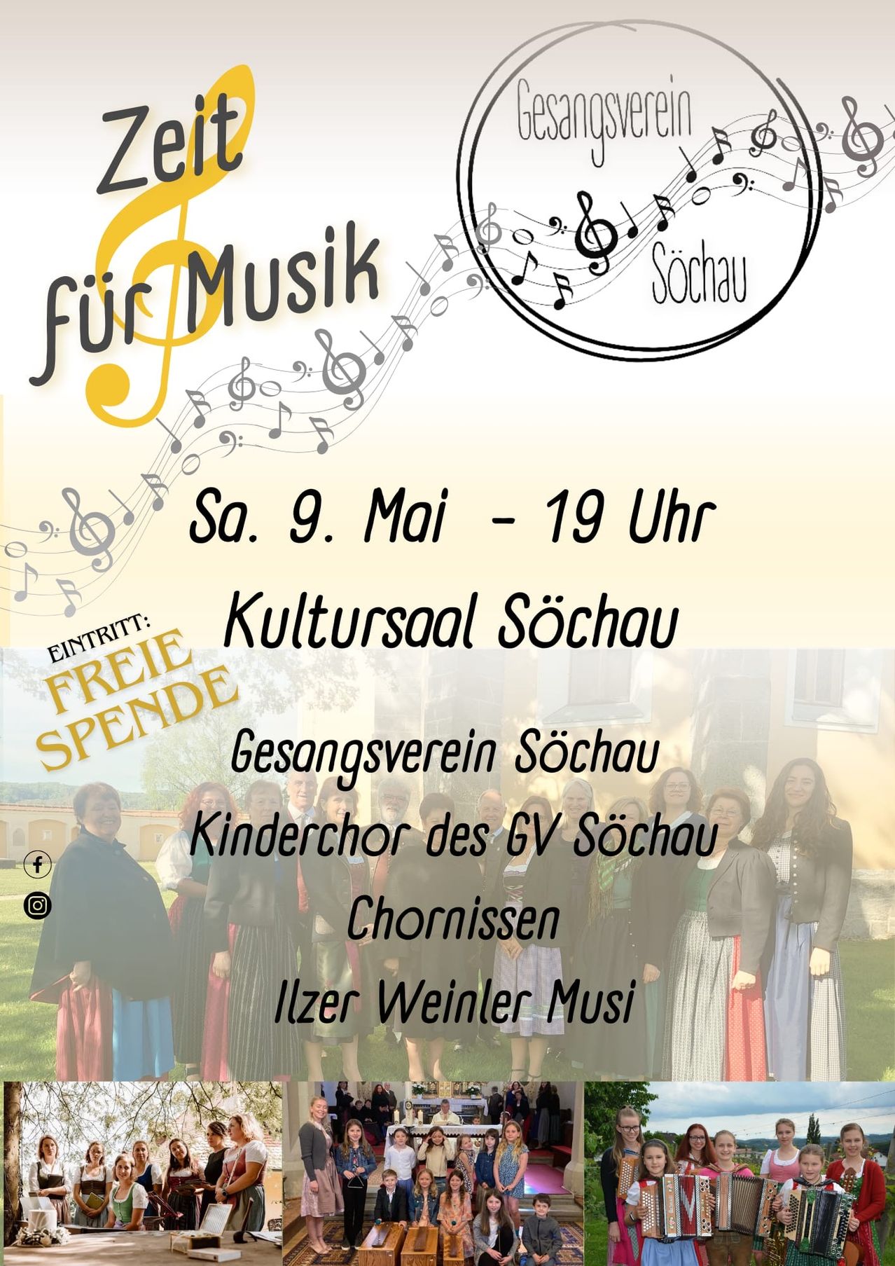 Plakat für eine kostenlose Musikveranstaltung am 9. Mai, 19:00 im Kultursaal Sِrchau. Zeigt Noten, einen Chor und eine Gruppe von Menschen in traditioneller Kleidung.