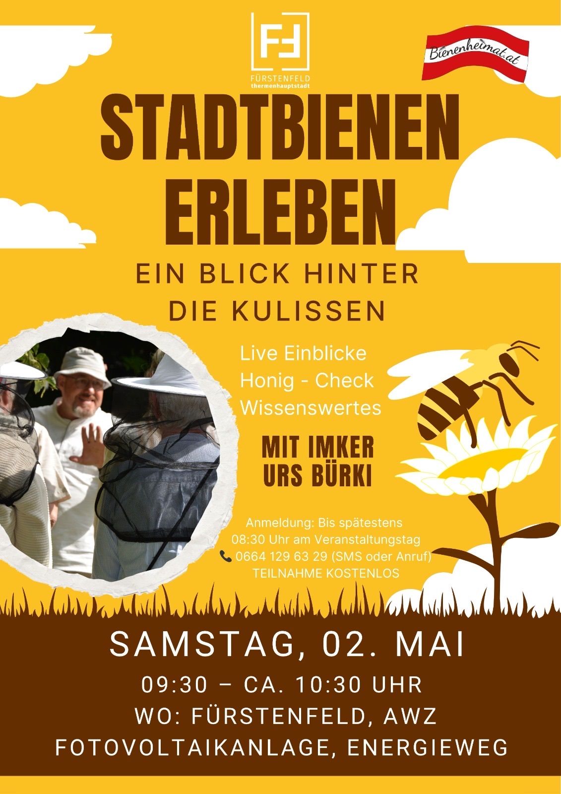 Stadtbienen erleben. Ein Blick hinter die Kulissen. Live Einblicke, Honig-Check, Wissenswertes. Mit Imker Urs Bürki. Anmeldung bis spätestens 08:30 Uhr am Veranstaltungstag. Samstag, 02. Mai