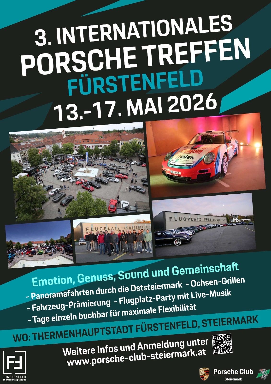 Poster for Porsche trip in Furstenfeld, May 13-17, 2026. Features Porsche cars, scenic drives, and a party with live music. Group photos and aerial views of cars and buildings.