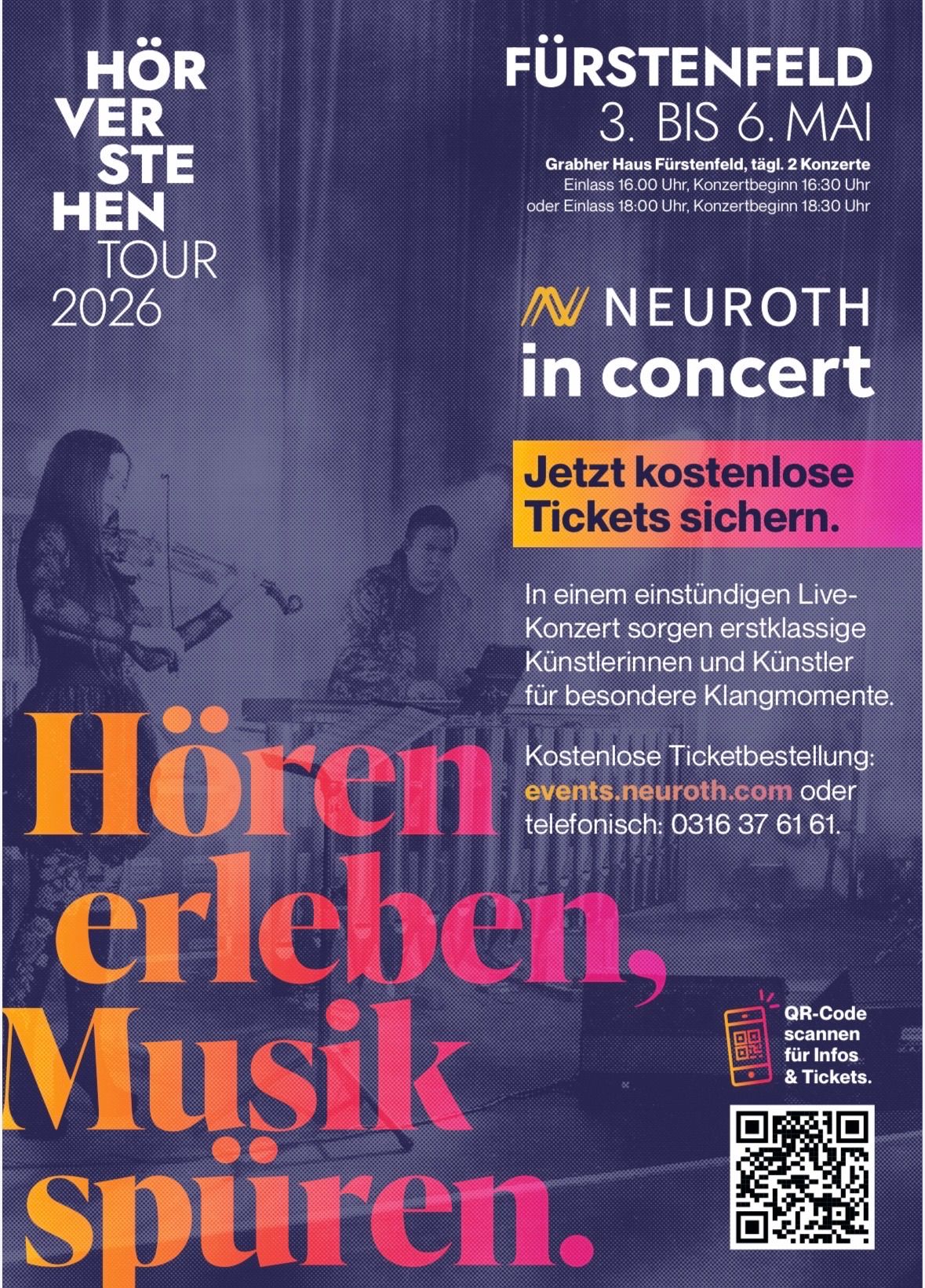 Plakat für Hen Tour 2026 von Neuroth, mit Musikern im Live-Auftritt. Kostenlose Tickets erhältlich. Scannen Sie den QR-Code für weitere Informationen.