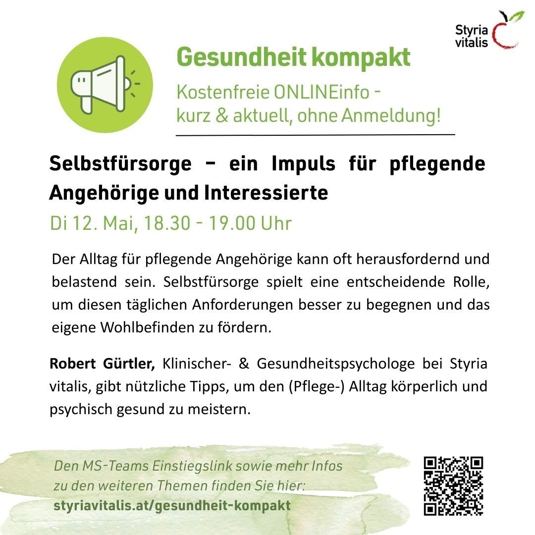 An advertisement for a free online healthcare information session. It focuses on self-care for caregivers and interested parties. The session is on May 12 from 18:30 to 19:00.