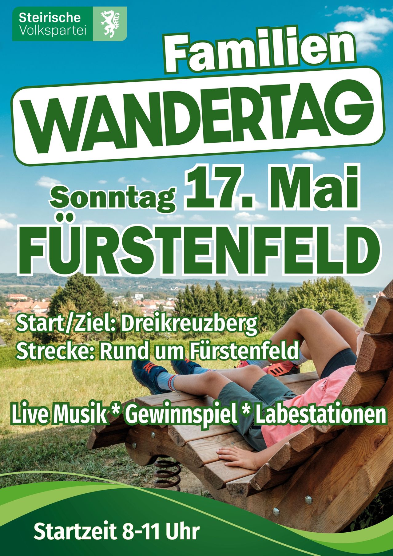 A poster for a Wandertag event on May 17, featuring a child resting on a bench, with the text in German.