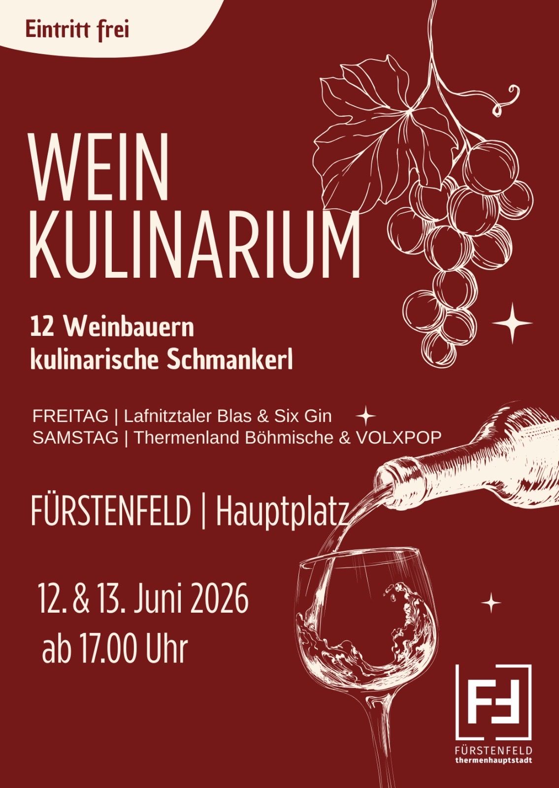 Poster for a wine and culinary event on June 12th and 13th, 2026. It features wine, food, music, and a wine pouring illustration.