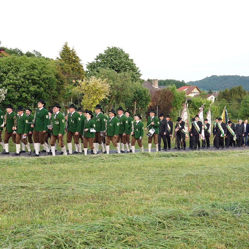 A group of people in green uniforms, holding flags, are marching in a line on a grassy field.