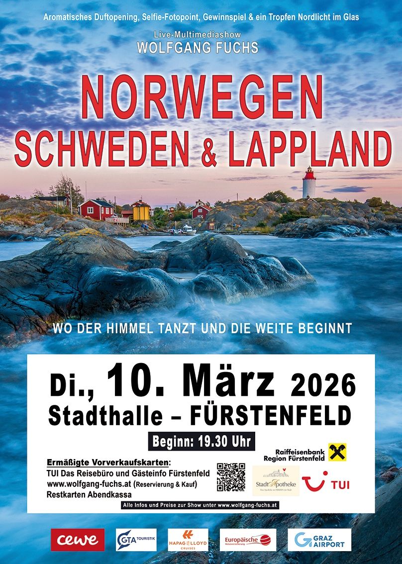 Ein Reiseprospekt für eine Reise nach Norwegen, Schweden und Lappland, geplant für den 10. März 2026. Der Plakat zeigt eine Küstenlandschaft mit Leuchtturm und Häusern.