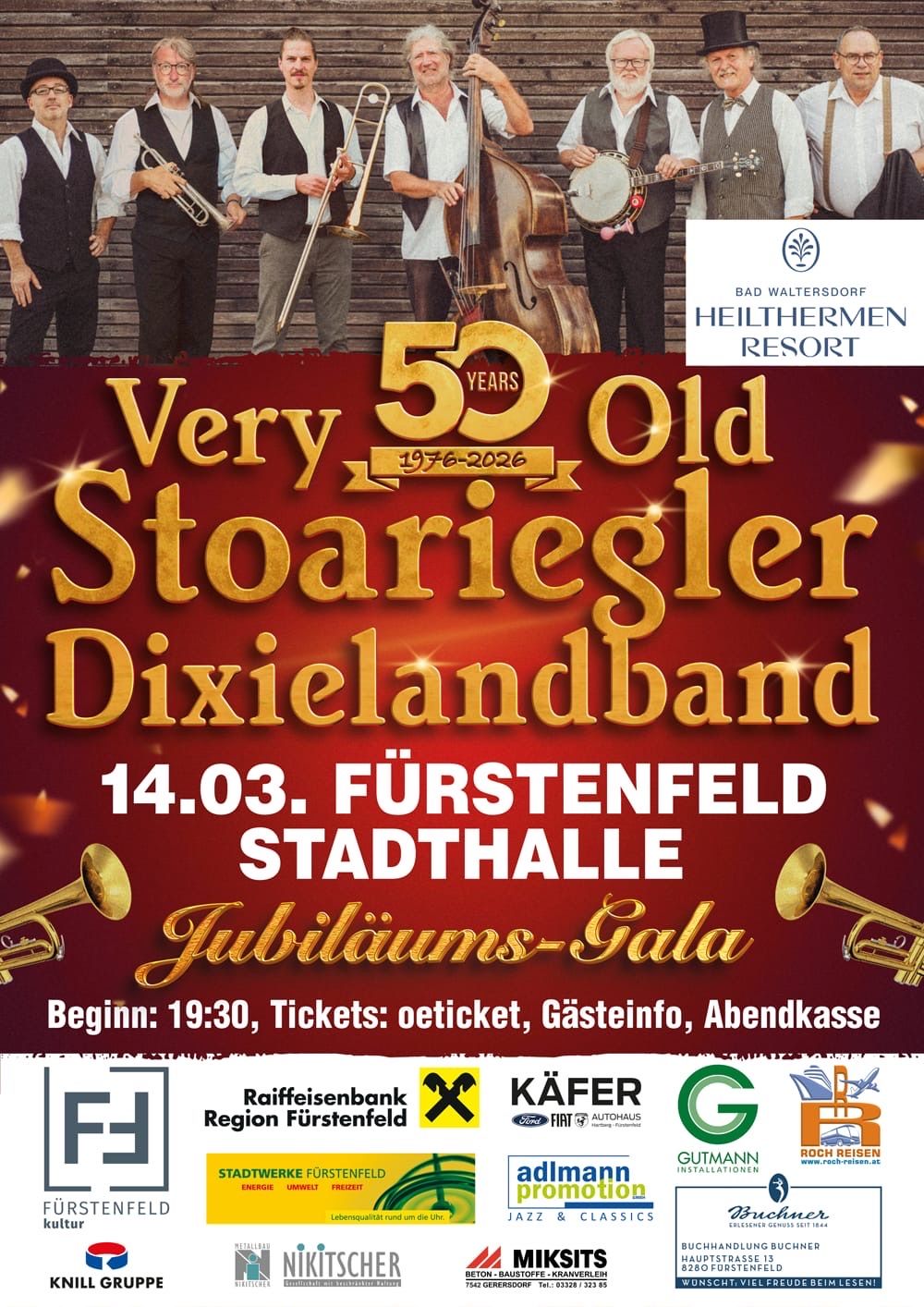 Plakat für die 50-Jahr-Feier der Dixieland-Band Very Old Stoariegler Dixielandband am 14. März in der Furstenfeld Stadthalle. Die Band wurde 1976 gegründet. Die Veranstaltung beginnt um 19:30 Uhr, Tickets sind erhältlich. Sponsoren sind Raiffeisenbank, Käfer und G.