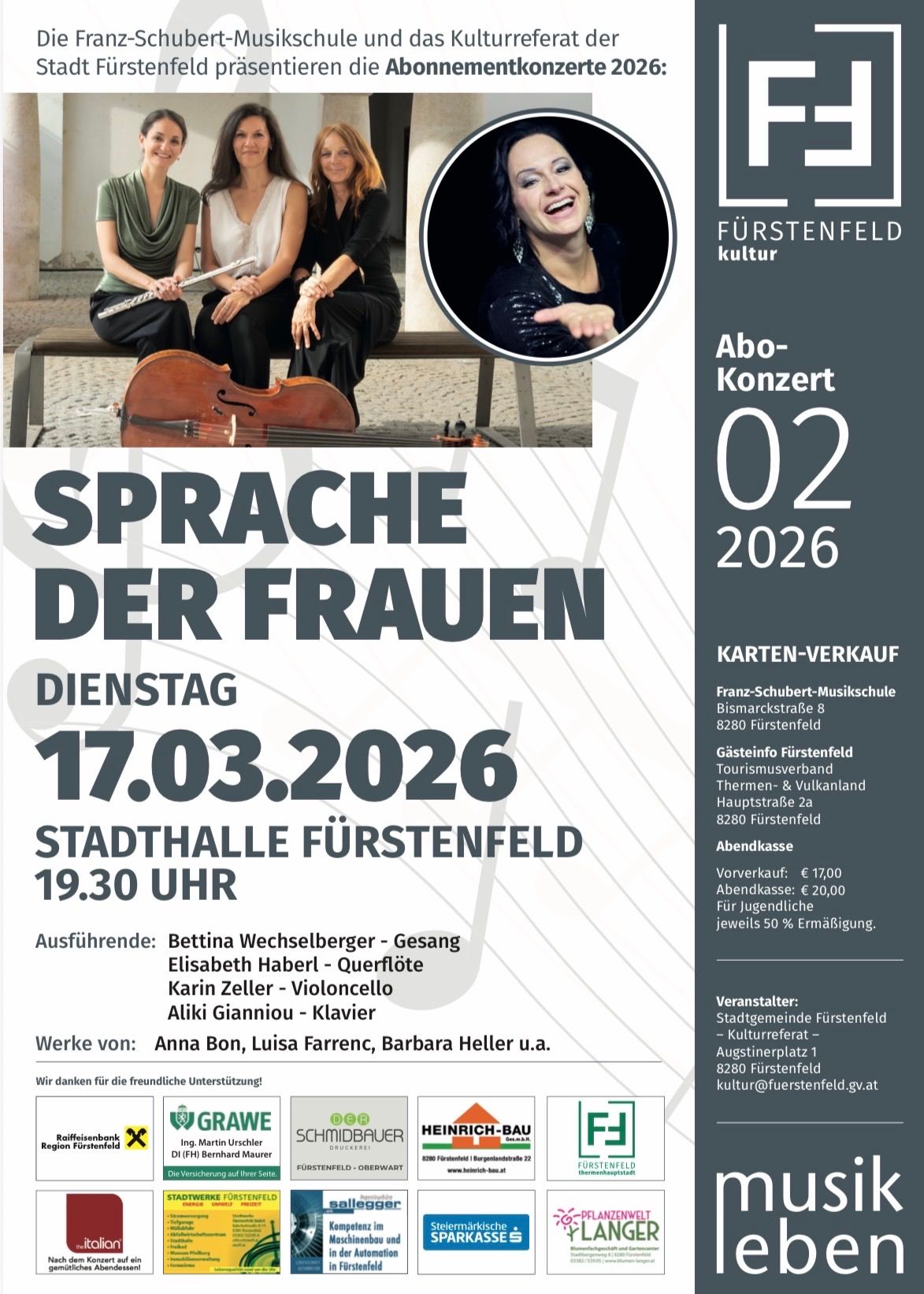 Plakat für ein Konzert am 17. März 2026 um 19:30 Uhr. Die Künstlerinnen sind Bettina Wechselberger, Elisabeth Haberl, Karin Zeller und Aliki Gianniou. Der Veranstaltungsort ist die Stadthalle Fürstenfeld. Die Ticketpreise betragen 17 Euro für den Früheinlass und 20 Euro für den regulären Eintritt.