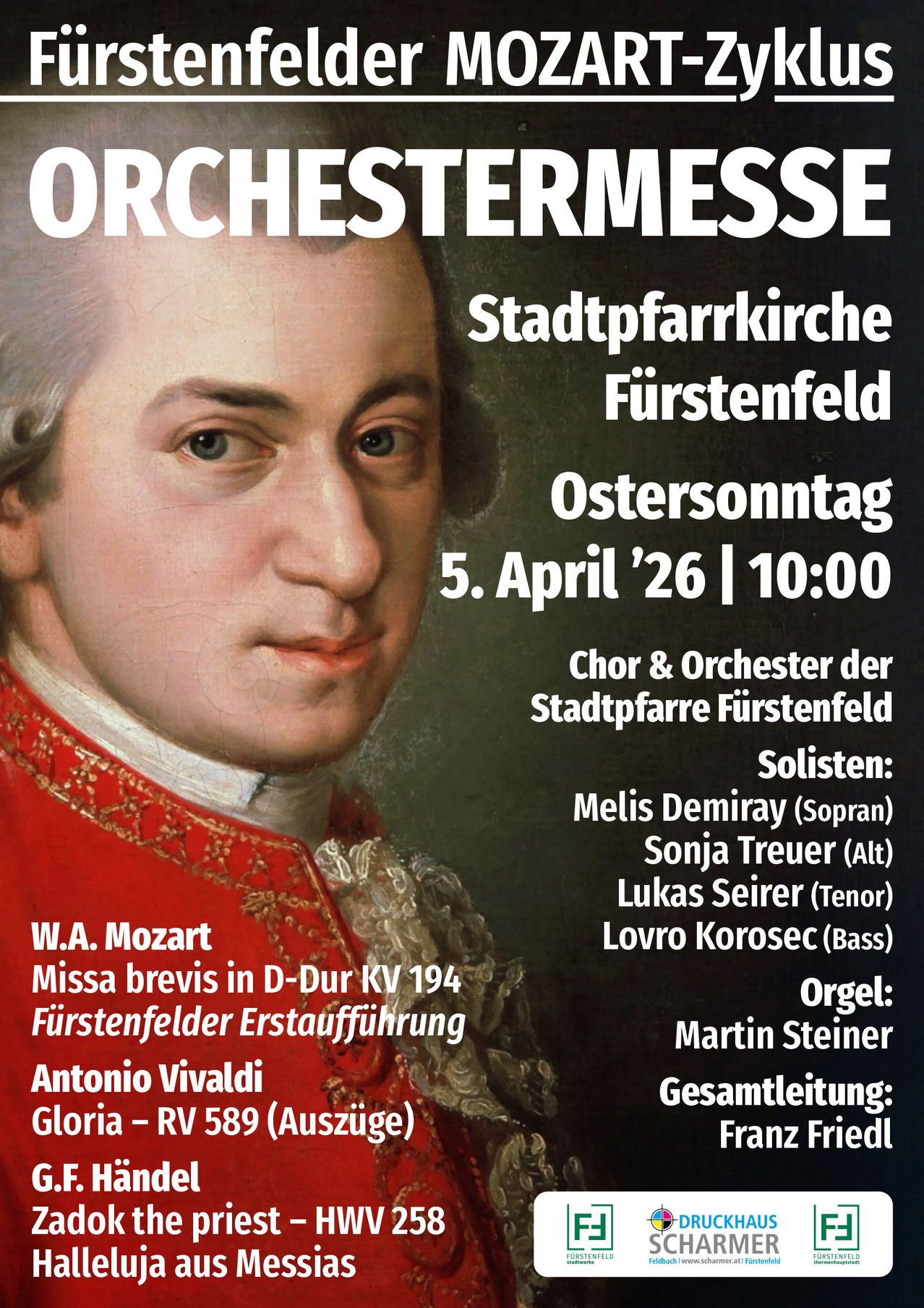 A poster for an Easter Sunday concert at Stadtpfarrkirche Furstenfeld. It features Wolfgang Amadeus Mozart's Missa brevis and Antonio Vivaldi's Gloria, performed by a choir, orchestra, and soloists.