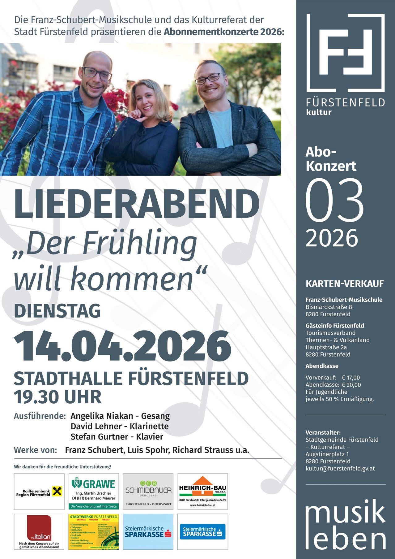 Poster for a Liederabend concert in Furstenfeld, featuring three musicians. The event is titled 'Der Frühling will kommen', scheduled for April 14, 2026, at 19:30. Presented by Angelika Niakas and David Lehner, among others.