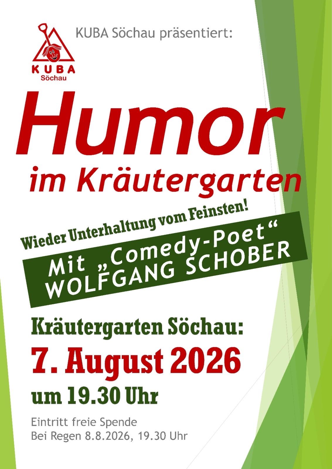Plakat für eine Comedy-Veranstaltung mit Wolfgang Schober im Kräutergarten von Sochau am 7. August 2026 um 19:30 Uhr.