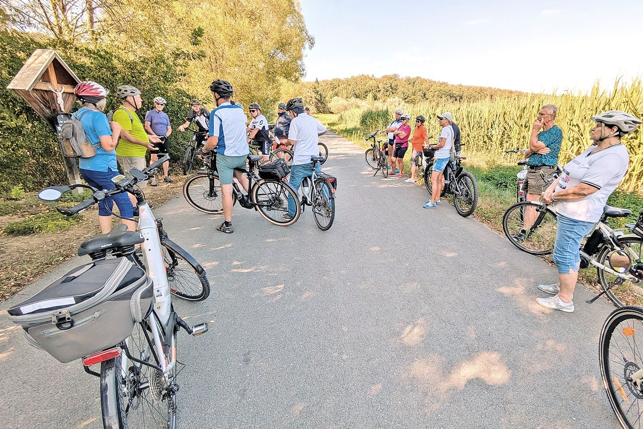 Eine Gruppe von Radfahrern, einige auf Fahrrädern und andere stehend, versammelt sich auf einem Pfad, umgeben von hohem Gras und Bäumen. Sie sind in Radbekleidung und Helmen gekleidet.